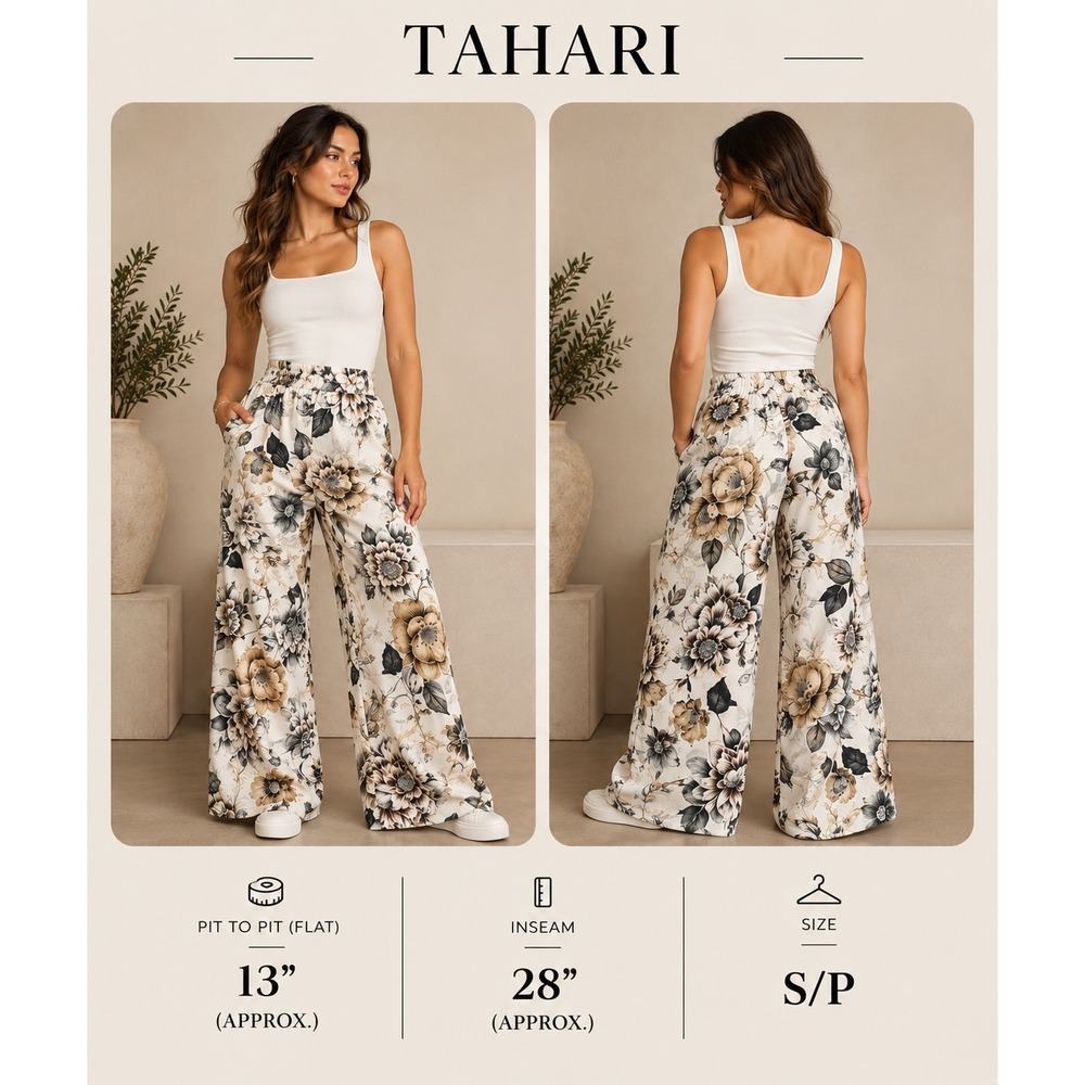 Tahari Floral Wide Leg Pants Small Cream Tan Neutral High Rise Trousers Boho